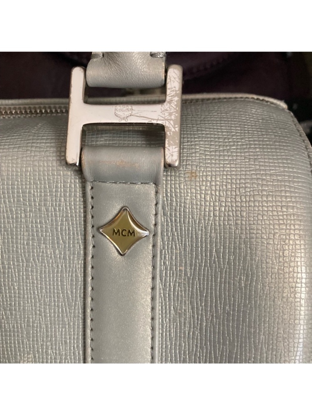 AUTHENTIC MCM 🩶Silver Studded Saffiano leather Boston Handbag EUC - Picture 6 of 16